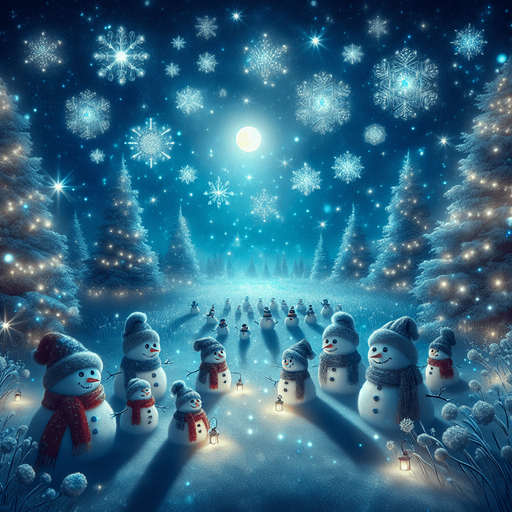 a feeric christmas landscape at night with snow men and snow flakes Background image