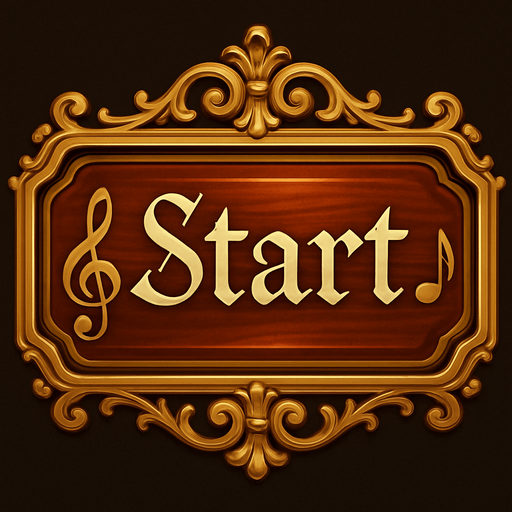 Crea un botón visual para la pantalla de inicio de un videojuego llamado Symphony Siege. El botón debe decir "Start" y estar inspirado en una sala de conciertos clásica y elementos musicales. El diseño debe tener un estilo elegante, ligeramente barroco o sinfónico, con detalles dorados y formas suaves. El texto "Start" debe estar centrado y ser legible, con una tipografía estilizada tipo partitura o manuscrito musical. El fondo del botón debe parecer una tecla de piano brillante o una placa de madera de violín. El contorno puede tener detalles dorados o bronces ornamentales. El botón debe emitir una sensación de majestuosidad y armonía, no modernidad ni minimalismo.
In-Game asset.  2d.  High contrast.  No shadows