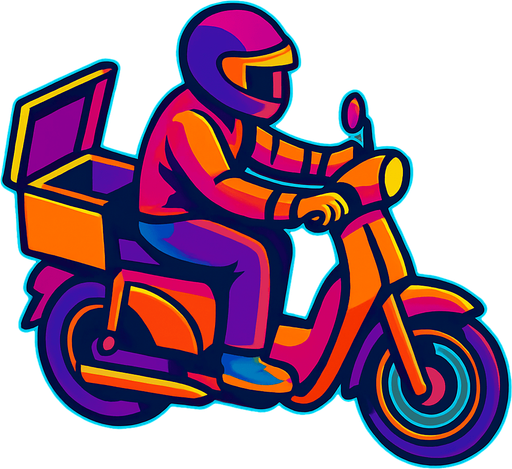 A moped courier riding a moped with a food carrying basket with the top open and no lid on the back of the moped. Top down view with the moped pointing fully sideways.