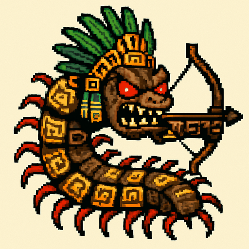 Genérame una Ciempies gigante amazonico guerrero azteca con eso patrones, estilo pixelar, con una apariencia maligna, ojos rojos, rabioso. Unidad a distancia, con un arco o cerbatana. Animal.
In-Game asset.  2d.  High contrast.  No shadows