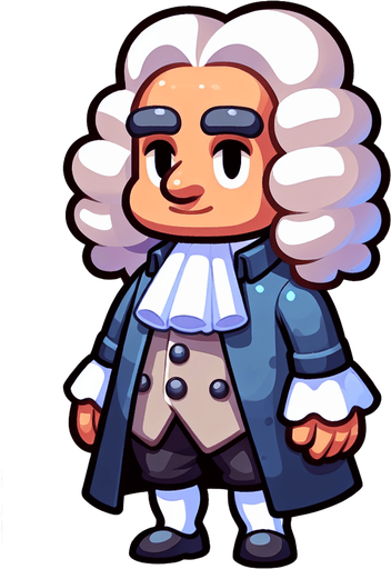 Newton in a white wig, full-length, cartoon style.
Single Game Texture. In-Game asset. 2d. Blank background. High contrast. No shadows.