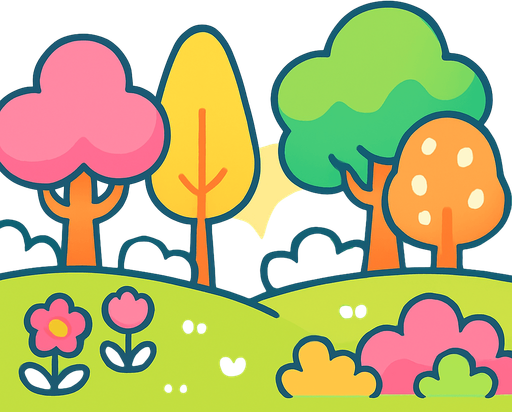 Un fondo colorido y brillante estilo caricatura. La escena es un bosque abierto alegre con colores pastel vibrantes, formas suaves y redondeadas, y un cielo azul claro con nubes esponjosas. El estilo es kawaii, juguetón y fantástico, con líneas suaves y una atmósfera feliz y amigable, perfecto para una introducción divertida y cute de un juego.
In-Game asset.  2d.  High contrast.  No shadows