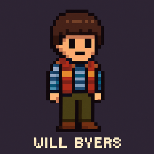 Will Byers from Stranger Things in pixel art style.
In-Game asset.  2d.  High contrast.  No shadows