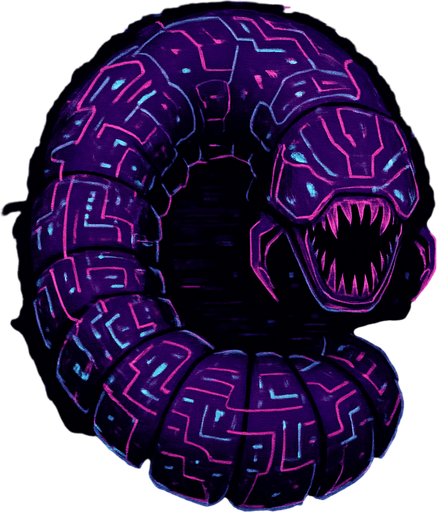 giant worm-like virus creature, segmented body, glowing circuit patterns, top-down view, menacing style, glitch effects, sci-fi, dark purple and neon accents, symmetrical, circular..
In-Game asset.  2d.  High contrast.  No shadows