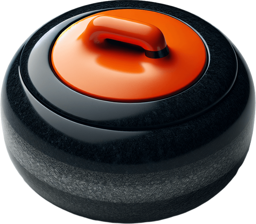 Black curlingstone with orange top, top view.