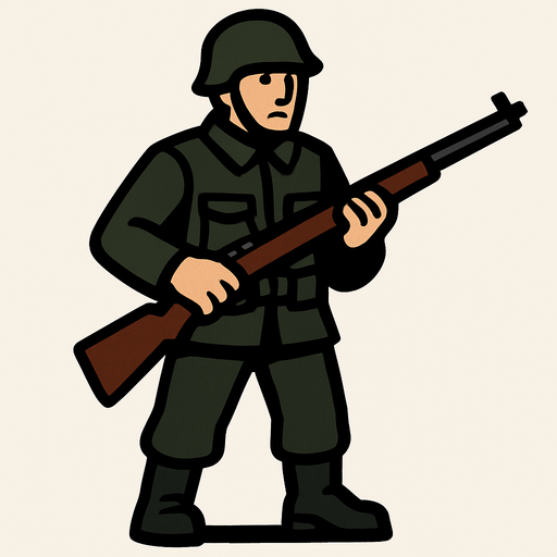 Let's change the color of soldier uniform darker and add rifle in his hand.
In-Game asset.  2d.  High contrast.  No shadows