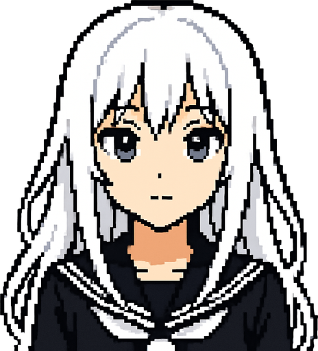 Beautiful anime style girl, with white hair and gray eyes.
In-Game asset.  2d.  High contrast.  No shadows. Pixel art