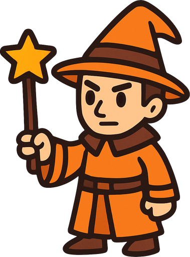 Mago con sombrero naranja y marrón sin barba con varita con estrella, de cuerpo entero.
In-Game asset.  2d.  High contrast.  No shadows