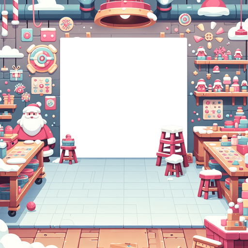 Background for hyper casual puzzle game. Showing Santas workshop. Pastel colors, flat shaded, vector art. Single Game Texture. In-Game asset. 2d. Blank background. High contrast. No shadows.