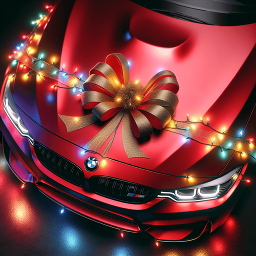 Photorealistic red BMW M3 Wrapped with Christmas lights that light up in various colors, little golden bow on hood, top view