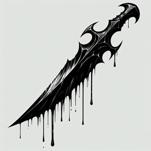 A sharp, wicked-looking dagger or blade edge dripping with black, shadowy substance..
Single Game Texture.  In-Game asset.  2d.  Blank background.  High contrast.  No shadows