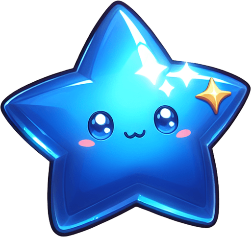 a shiny blue cute star.
Single Game Texture. In-Game asset. 2d. Blank background. High contrast. No shadows.