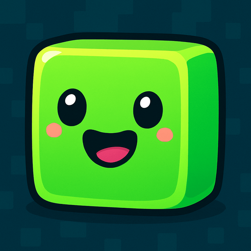 happy green cute cube sprite.
In-Game asset.  2d.  High contrast.  No shadows