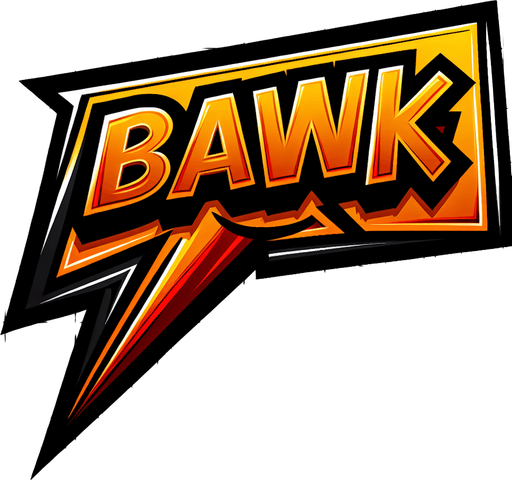 Cartoon-style rectangular speech bubble with a sharp, dynamic outline. Inside the bubble, create the text ‘BAWK’ in bold, vibrant orange-to-yellow gradient lettering, with a thick black jagged shadow for contrast. The text should have a dynamic comic-style font and appear slightly 3D. The bubble should have a sharp tail pointing downward, consistent with comic-style speech bubbles. The intent is that we are shouting "BAWK"..
Single Game Texture.  In-Game asset.  2d.  Blank background.  High contrast.  No shadows