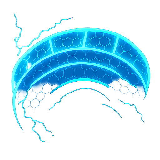 A hologram shield in crescent shape, powered by electricity, blue and cyan colors, bright. No background. Transparent background. Blank background. No shadows. 2d. In-Game asset. flat
