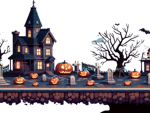 Town of Halloween.
Single Game Texture. In-Game asset. 2d. Blank background. High contrast. No shadows.