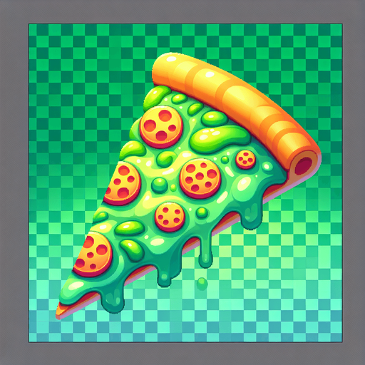 a slice of pizza on a transparent background, predominantly green. Slice of pizza.
Single Game Texture. In-Game asset. 2d. Blank background. High contrast. No shadows.