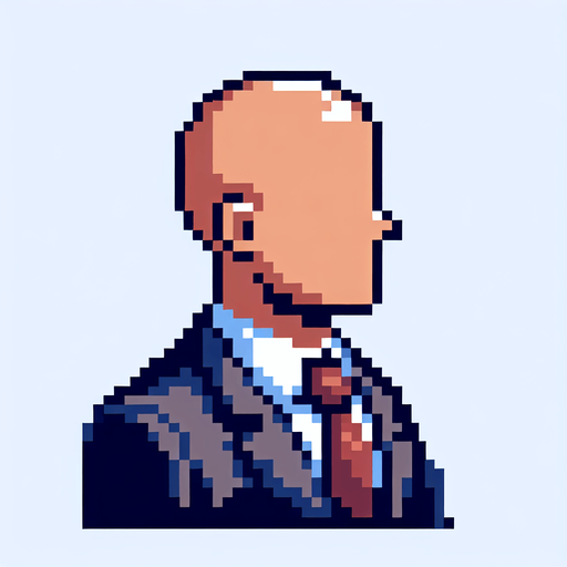 8-bit. cartoon. fancy office person. bald. seen from the side. in game assset. Single Game Texture. In-Game asset. 2d. Blank background. High contrast. No shadows.