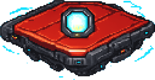 Mechanical floating platform, red metal surface with glowing energy core, sci-fi futuristic design, sleek metallic texture, blue energy particles or trails around edges, hovering effect, technological appearance with small lights or circuits, 2D pixel art style, side view, transparent background.
In-Game asset.  2d.  High contrast.  No shadows