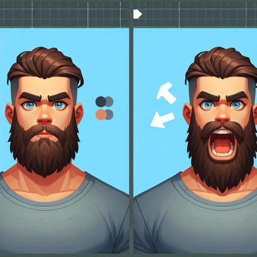 бородатый парень и он же с открытым ртом.
Single Game Texture. In-Game asset. 2d. Blank background. High contrast. No shadows.