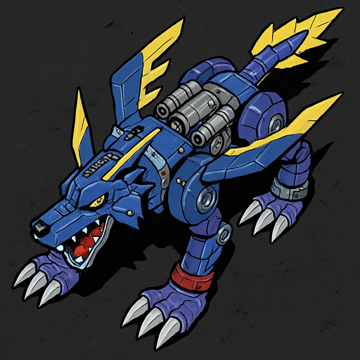 Metalgarurumon, visto desde arriba, detalles muy épicos.
In-Game asset.  2d.  High contrast.  No shadows