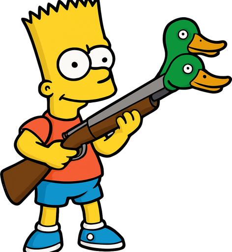 Bart holding a shotgun with 2 duck heads instead of barrels and make sure that Bart's body is fully visible
In-Game asset.  2d.  High contrast.  No shadows