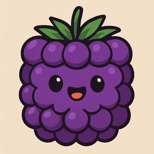 Perfectly square bright purple Blackberry with cute happyy face. Cartoon style. Cute art style. Simple vector style.