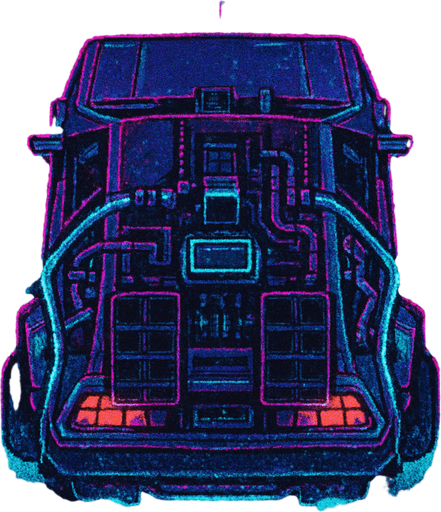 DeLorean hover car, seen from behind
Neon-lit, cyberpunk city aesthetic. Glowing accents and retro-futuristic mods. Top-down view, GTA2 style. Single Game Texture. In-game asset. 2D pixel art. Transparent background. High contrast. No shadows. Isometric perspective. Synthwave vibe with flickering lights and digital noise textures.