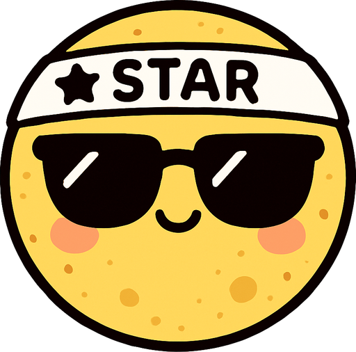 una luna redondita kawai con lentes de sol, en su frente lleva una sinta que dice STAR.
In-Game asset.  2d.  High contrast.  No shadows
