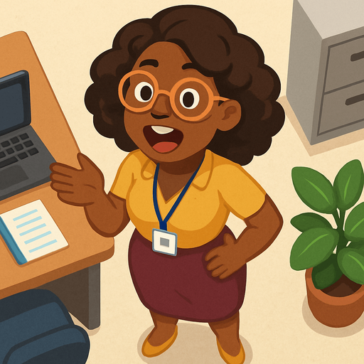A women working in an office who loves to talk an talks too much. Dark skin color. Standing up and ready spew the latest gossip to whoever comes near. Full body viewed from the above. Everybody who comes near hear gets bombarded with her talking about what happened the past weekend. Friendly looking. Cute soft graphics. soft ambient light. semi-matte to satin surfaces. naturalistic with slight saturation boost colors. Tone is premium, friendly, clean with lifestyle or service-oriented appeal.
In-Game asset.  2d.  High contrast.  No shadows. top down. View from above.