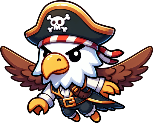 chibi cartoon eagle pirate fly.
Single Game Texture.  In-Game asset.  2d.  Blank background.  High contrast.  No shadows