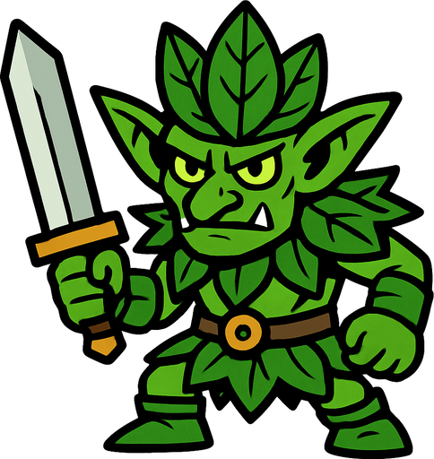 yeşil yapraklı dövüşçü goblin.
In-Game asset.  2d.  High contrast.  No shadows