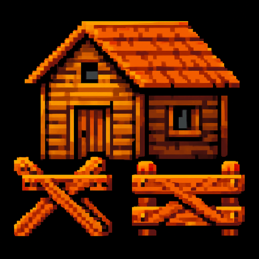 casa de madera con barricadas de pixeles.
In-Game asset.  2d.  High contrast.  No shadows