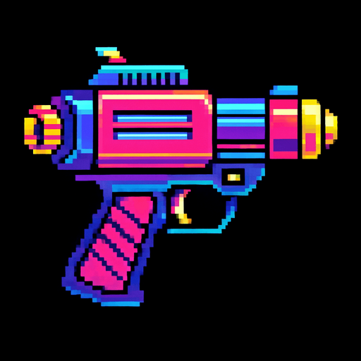 Pistola futurista, retro, neon, pixelart.
In-Game asset.  2d.  High contrast.  No shadows