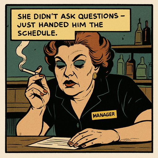 A comic panel styled like a square photo print with a clean white border. Realistic comic art. Scene: Close-up of a middle-aged woman with bold makeup, cigarette in hand, leaning over the bar. Her name tag reads “Manager.” Narrator box at the top reads: “She didn’t ask questions — just handed him the schedule.”.
In-Game asset.  2d.  High contrast.  No shadows