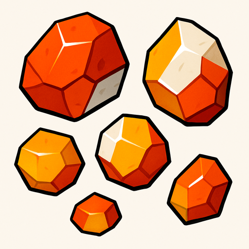 Chunky, crystalline fragments

```
- Shape: Angular, geometric crystal-like chunks
- Colors: Orange-red (#FF4400), yellow (#FFAA00), white
- Surface: Slightly reflective, faceted appearance
- Size variations: 3 different sizes (small, medium, large).
In-Game asset.  2d.  High contrast.  No shadows