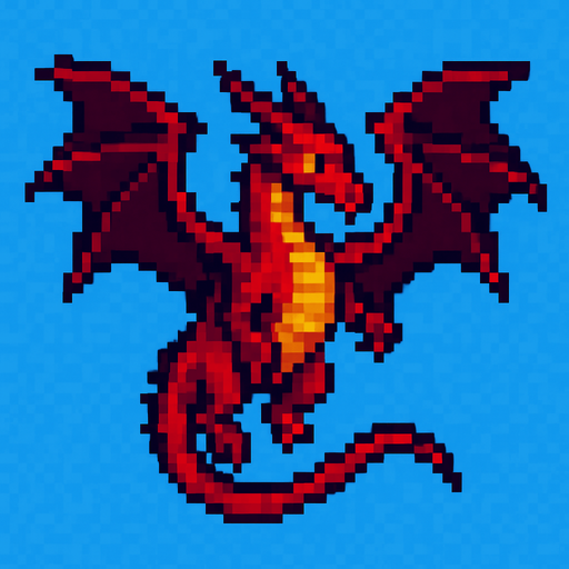 dragón volando pixel art.
In-Game asset.  2d.  High contrast.  No shadows vista desde arriba
