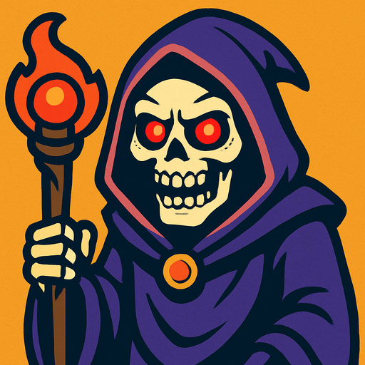 un hechizero esqueleto les mira de forma aterradora hacia adelante con ojos rojos y brillosos.
In-Game asset.  2d.  High contrast.  No shadows