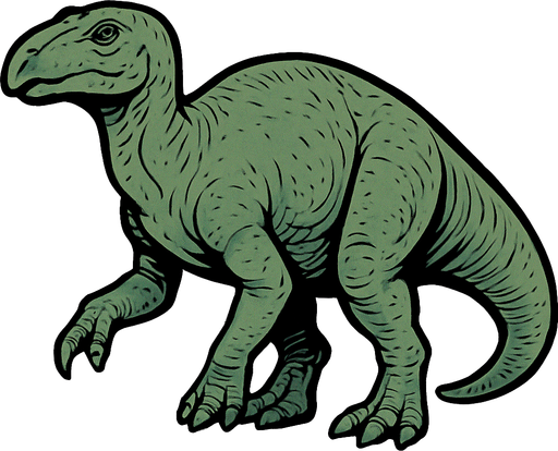 A medium-sized Iguanodon dinosaur with smooth greenish-gray scales covering its bulky body. It has a distinctive thumb spike on its front limbs. The head is elongated with gentle eyes and a blunt snout. The skin texture is rough with visible scales and wrinkles..
In-Game asset.  2d.  High contrast.  No shadows