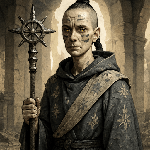 A solemn female cleric in soot-gray robes adorned with ash motifs and sun-bleached fabric. 39 years old, with a thin, gaunt frame, shaved head except for a braided black topknot, pale skin, and glowing amber eyes. Ash marks are smeared across her face in ritual patterns. Holding a prayer staff made of burned oak and silver. She stands in a scorched temple, sunlight breaking through cracked stone. Realistic, highly detailed, sacred atmosphere. realistic.
In-Game asset.  2d.  High contrast.  No shadows