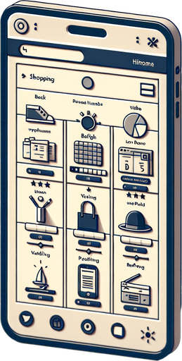 A clean and functional mobile app UI designed to simulate a browser displaying a shopping website. The interface features a standard browser layout, with a slim address bar at the very top of the screen and navigation buttons (back, forward, refresh) on the left side of the bar. The webpage content takes up the rest of the screen, displaying a modern shopping site.

The shopping page is styled with a grid layout showcasing product thumbnails, prices, and brief descriptions, using a minimal design with soft colors and clear fonts. Subtly integrated towards the top-left corner of the screen, within the browser's interface or website header, is a small, unobtrusive indicator or icon. This subtle detail could be a faint symbol, a highlight on a word, or a unique design element that hints at a hidden clue, blending seamlessly with the overall layout while encouraging observant players to investigate further. The interface remains sleek, user-friendly, and visually balanced..
Single Game Texture. In-Game asset. 2d. Blank background. High contrast. No shadows.