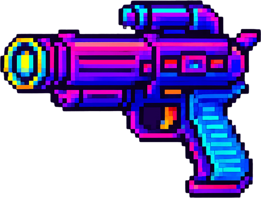 Pistola futurista, retro, neon, pixelart.
In-Game asset.  2d.  High contrast.  No shadows