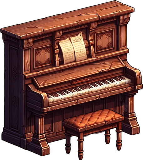wild west  saloon piano real life.
Single Game Texture. In-Game asset. 2d. Blank background. High contrast. No shadows.