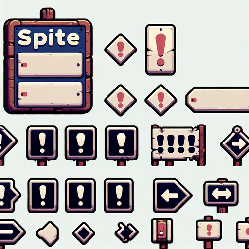 A sprite sheet of signs with exclamation points on them.
Single Game Texture. In-Game asset. 2d. Blank background. High contrast. No shadows.