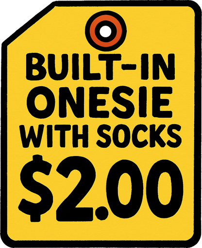 Price tag that says built-in onesie with socks $2.00.
In-Game asset.  2d.  High contrast.  No shadows