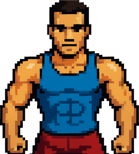 Hombre atlético mirando a la cámara pixel art.
In-Game asset.  2d.  High contrast.  No shadows