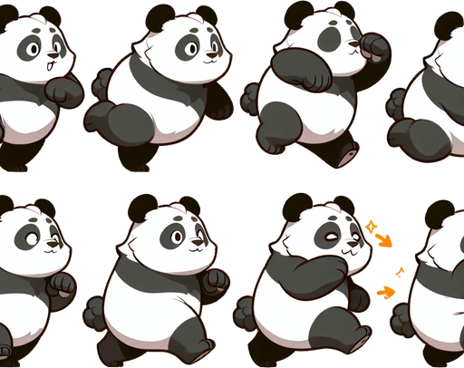 ayakta koşan bir pandanın farklı anları.
Single Game Texture. In-Game asset. 2d. Blank background. High contrast. No shadows.