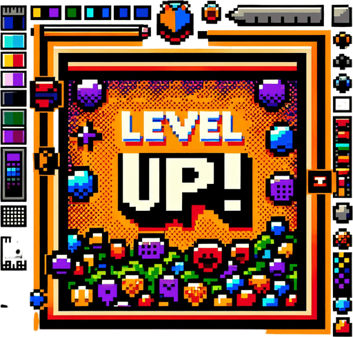 cartoon. 8bit. messsage:

Level Up!.
Single Game Texture. In-Game asset. 2d. Blank background. High contrast. No shadows.