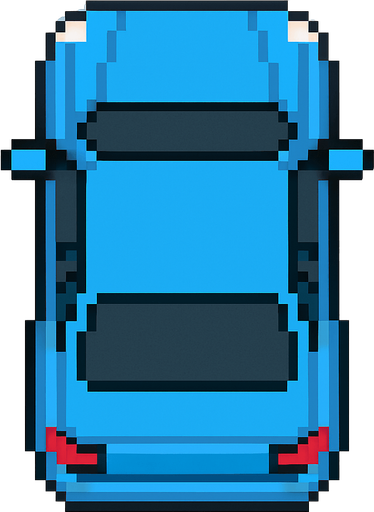 Pixel art mavi araba kuş bakışı.
In-Game asset.  2d.  High contrast.  No shadows