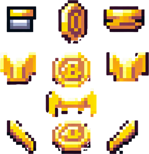 8-bit pixelated spritesheet of an isometric golden bat coin seen in multiple poses of spinning around it's y axis. the elements need to be orderly arranged for easy cropping.
Single Game Texture. In-Game asset. 2d. Blank background. High contrast. No shadows.